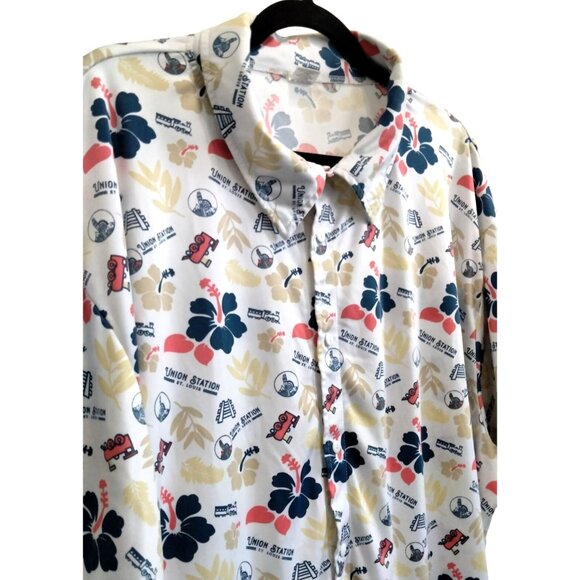 Union Station St. Louis XXL Shirt Hawaiian Button-Up Retro Floral Train Print - Picture 3 of 9